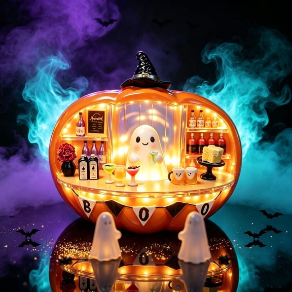 Liamobondopolis Halloween Decorations Light Up Ghost Bartender Pumpkin Bar Figurine with BOO Banner LED Glowing Resin Ghost Pumpkin Bar & Miniature Decor for Spooky Halloween Home Party Gift 8.7"