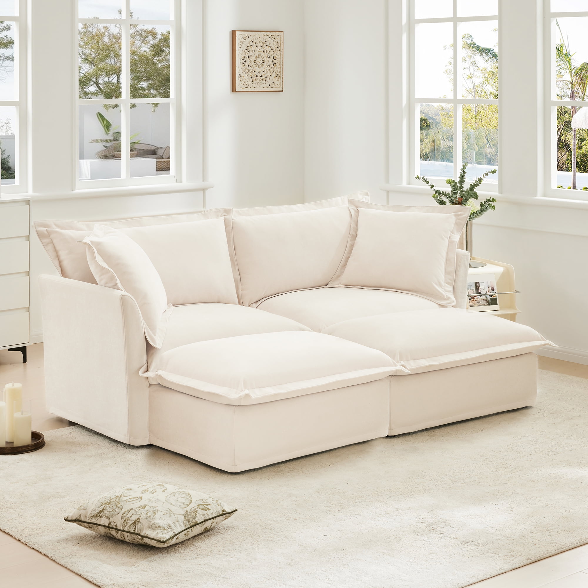 Gewnee 2 Seat Sleeper Sofa Bed with 2 Ottomans – Modular Sectional Sofa,Deep Seat Chenille Couch,Removable Washable Covers,Home Theater Seating.