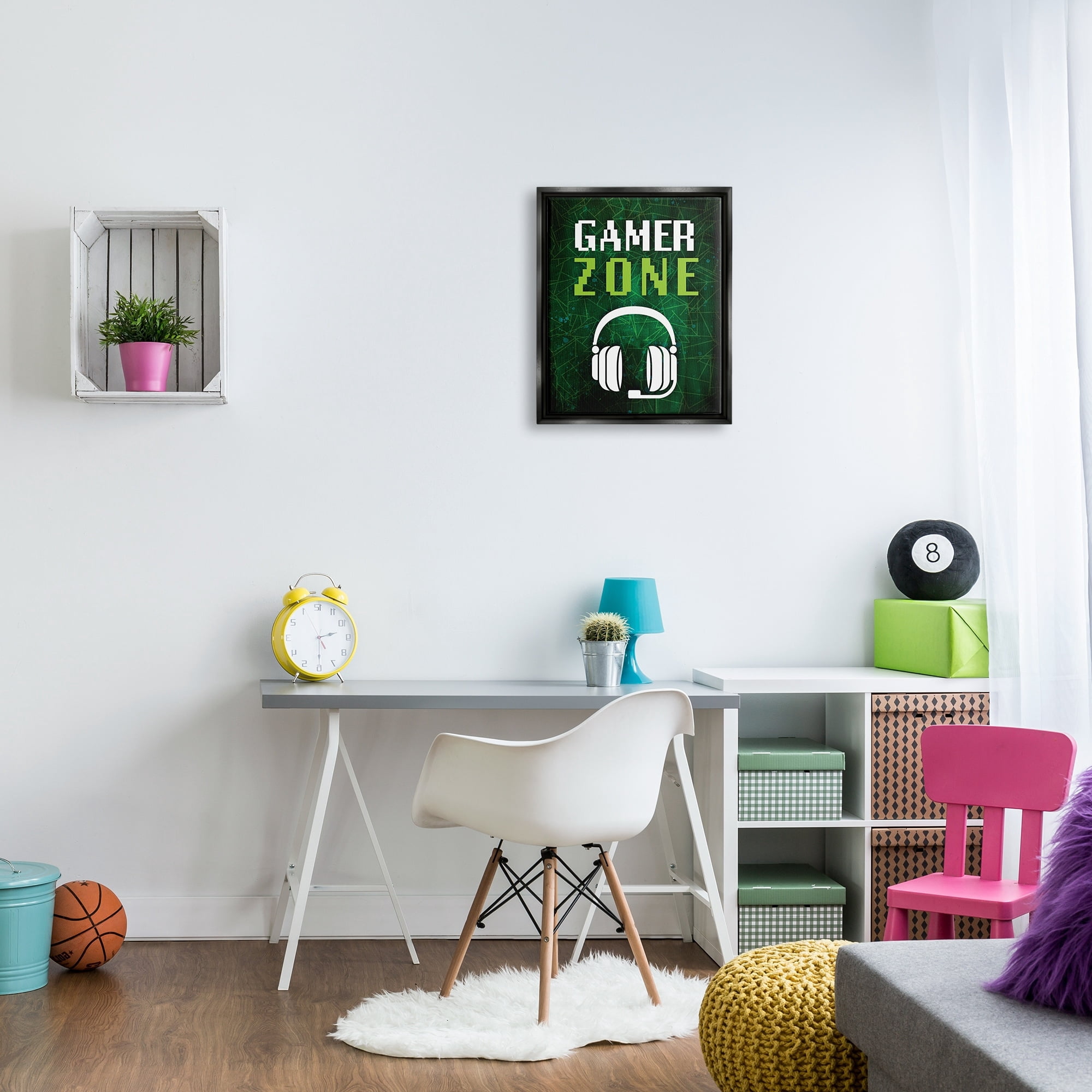 Stupell Industries Gamer Zone Headset Geometric Pattern Pixel Text Graphic Art Jet Black Floating Framed Canvas Print Wall Art, Design by Victoria Barnes