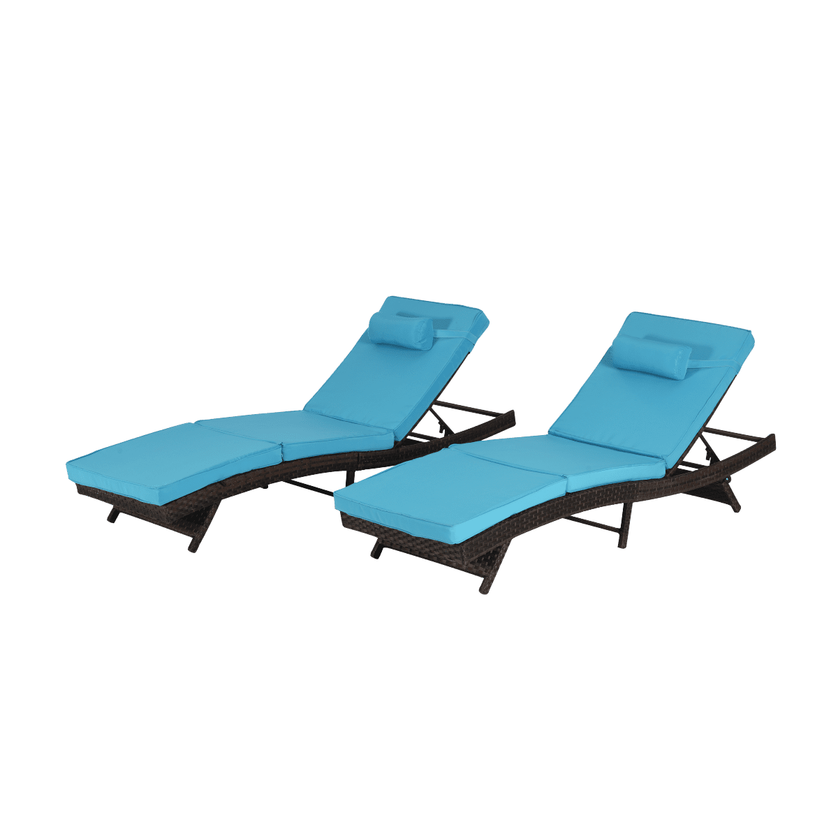 Outdoor Wicker Reclining Lounge Chair Set of 2, Adjustable 5-Position Backrest up to 150 ° , Sunbathing Chairs with Thick Cushions for Beach Poolside Garden, Blue