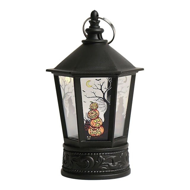A Halloween Led Hanging Lantern With Pumpkin Witch Skull Pattern Battery Operated Porch Party Decoration Realistic Flame Effect Indoor Outdoor Use Safe Lighting For Festival Celebration