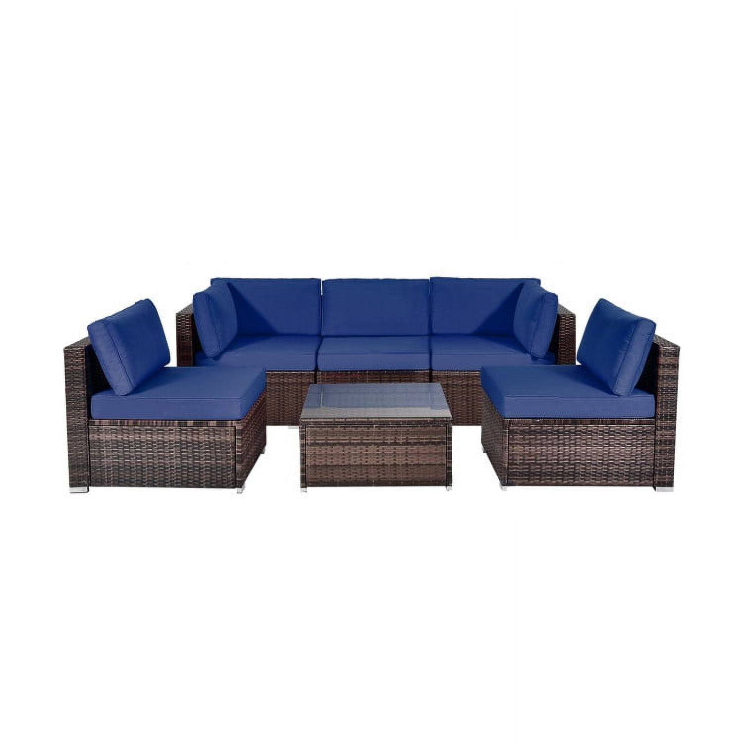 Aimee Lii 6 Pieces Patio Rattan Sectional Furniture Set with Cushions and Coffee Table, Outdoor Deck Furniture, Navy