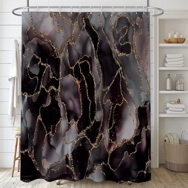 Cortinas de ducha de mármol NEWSUYAA, cortina de ducha de mármol negro, morado y azul, líneas abstractas grises doradas agrietadas, decoración moderna para baño, cortinas de baño impermeables con
