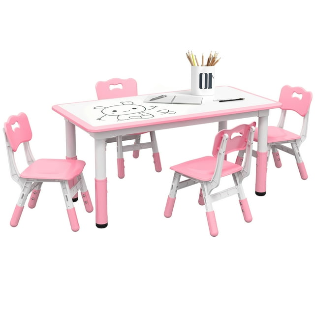 Qaba Ensemble Table et Chaises pour Enfants avec 4 Chaises, Hauteur Réglable, Facile à Nettoyer, pour 1,5 à 8 Ans, Rose