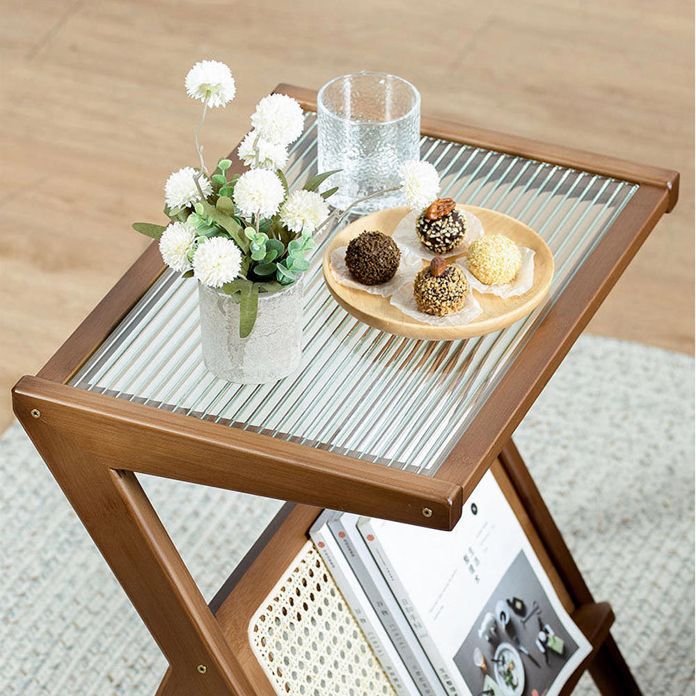 Rattan Nightstand Side Table, Bamboo Accent Bedside Tables, Glass Coffee Tables, Boho End Table with Storage for Small Space Living Room Bedroom, Brown