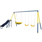 Sportspower Super Saucer II Metal Swing Set with 2 Swings, 2-Person Saucer Swing, 5fT Slide , for Kids Aged 3-8, BONUS Anchor Kit