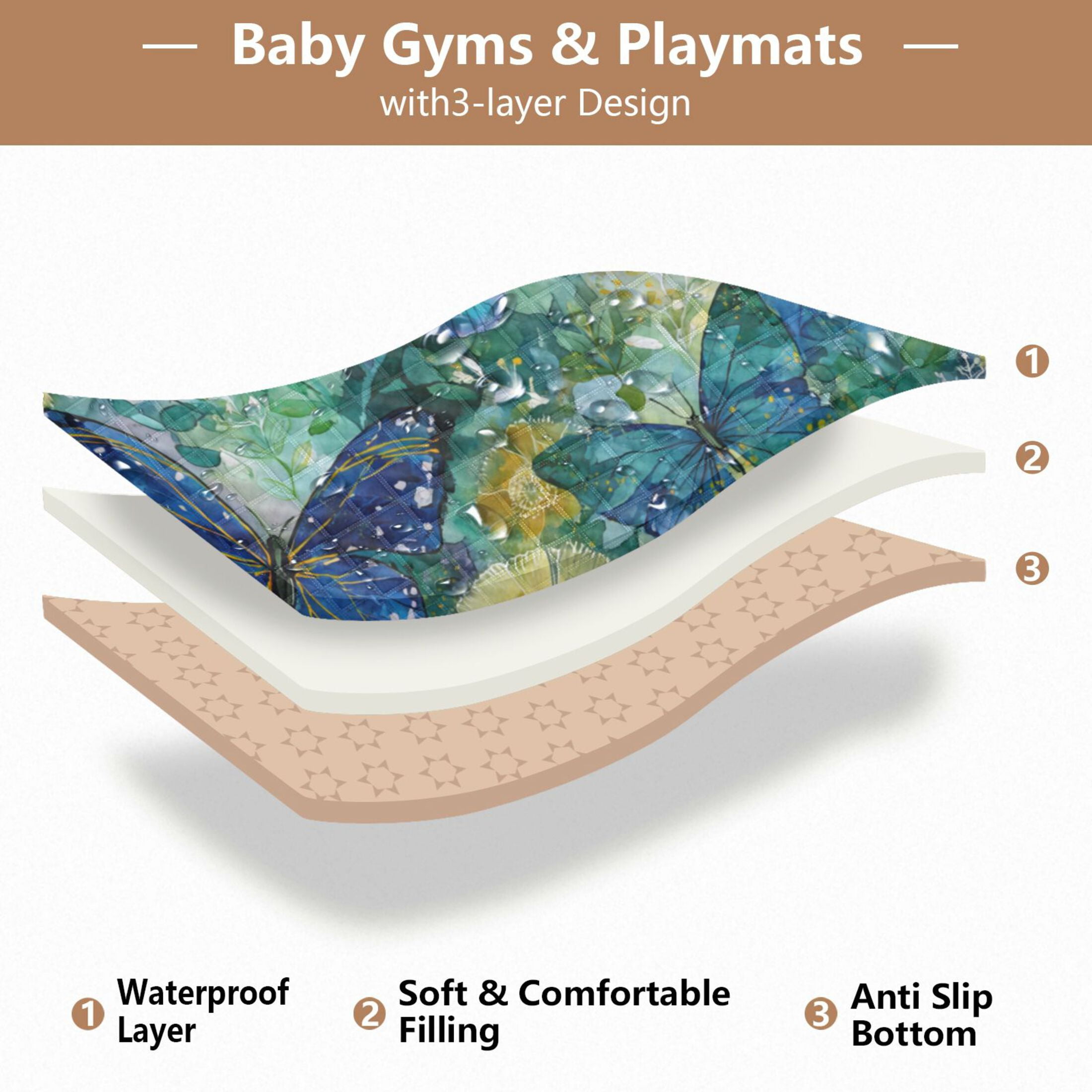WOBOGO Green Butterfly Baby Playmats Extra Large Waterproof Rollable Activity Pads for Toddlers 50×50inch