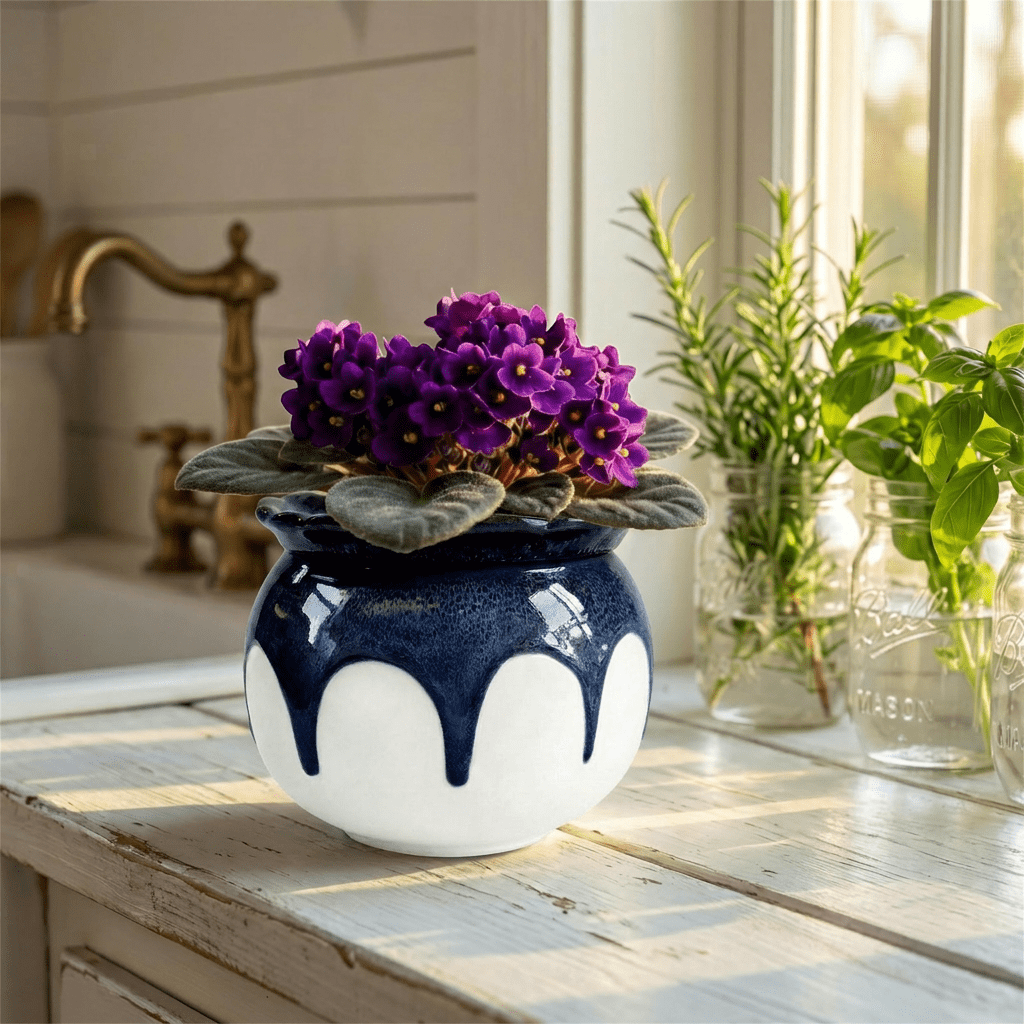 BUYMAX 6 inch Self-Watering Planter, African Violet Pot for Indoor Plants, Ocean Blue Reactive Glaze, Stoneware Ceramic Flower Pot for Home & Office Decor