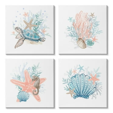 Various Sea Life Nautical Coral Reef Animals & Insects Graphic Art Gallery Wrapped Canvas Print Wall Art, Set of 4