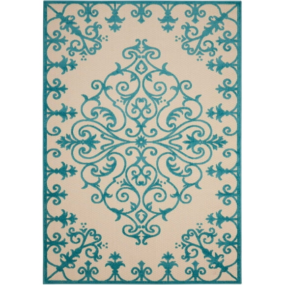 homeroots outdoor 384730 4’ x 6’ Aqua Medallion Indoor Outdoor Area Rug