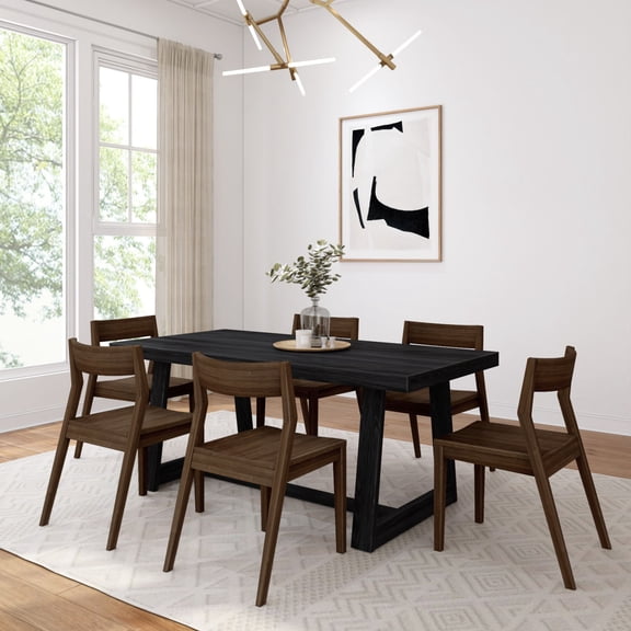 Plank Beam 72" Classic Solid Wood Dining Table Set, Black Wirebrush, 6 Chairs Black