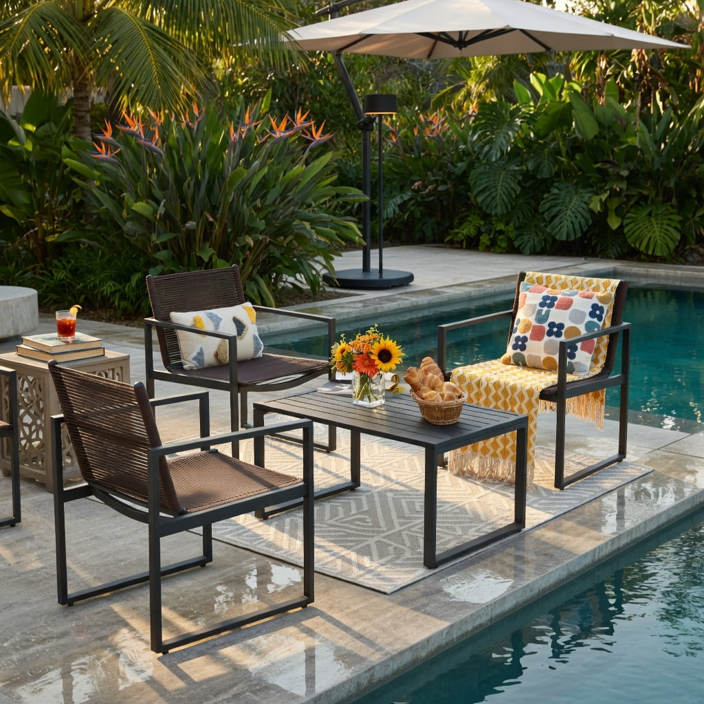 Hommoo 4-Piece Modern Outdoor Patio Conversation Set, Steel Frame Sofa Loveseat with Coffee Table, Weather-Resistant Polyester Rope Design for Backyard, Poolside & Balcony, Brown and Black