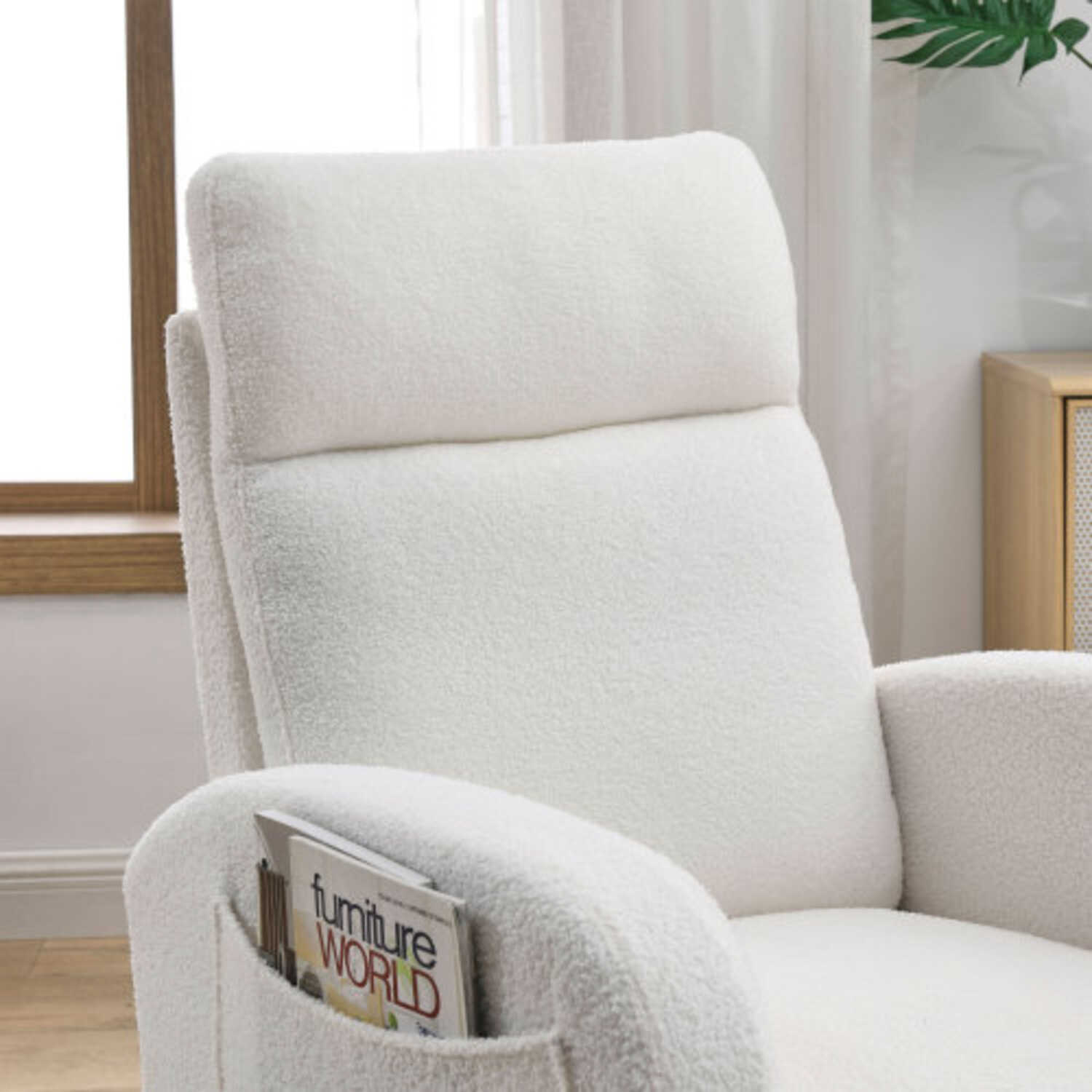 27.6"W Modern Accent High Backrest Living Room Lounge Arm Rocking Chair Two Side Pocket Teddy White Ivory