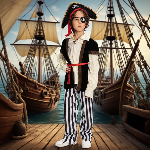 RUTAYY Boys 5 Piece Outfit Long Sleeve Top and Pants Set with Sash Hat Eye Patch for Halloween Kids Themed Party Set Black
