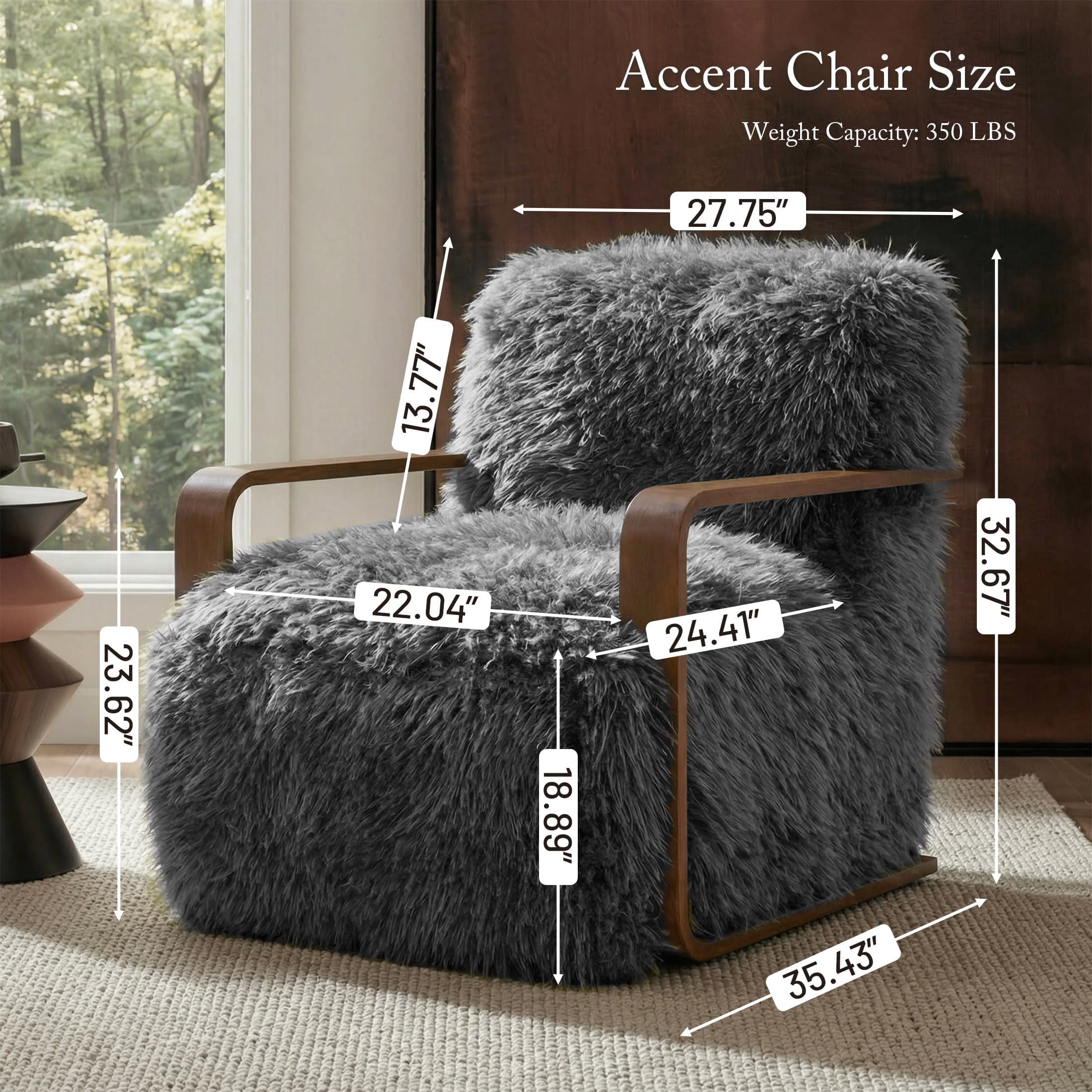 Aenkyo Yeti Contemporary Faux Fur Accent Chair with Dark Walnut Wood Arms, Gray