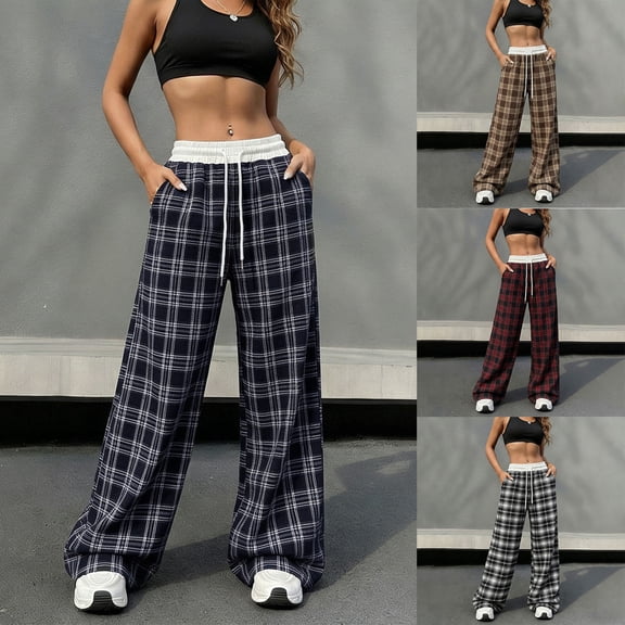 Miluxas Women's Plaid Checkered Wide Leg Pants Gingham Drawstring Elastic Waist Casual Trousers with Pockets Y2K Streetwear for Spring Summer Red