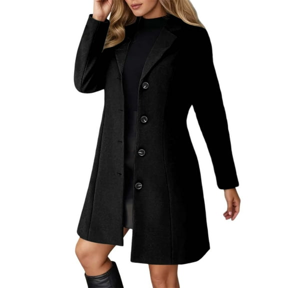 Plus Size Long Trench Coat With Notched Lapel Slim Fit Breasted Winter Blend Overcoat For Fashionable LadiesBlackL