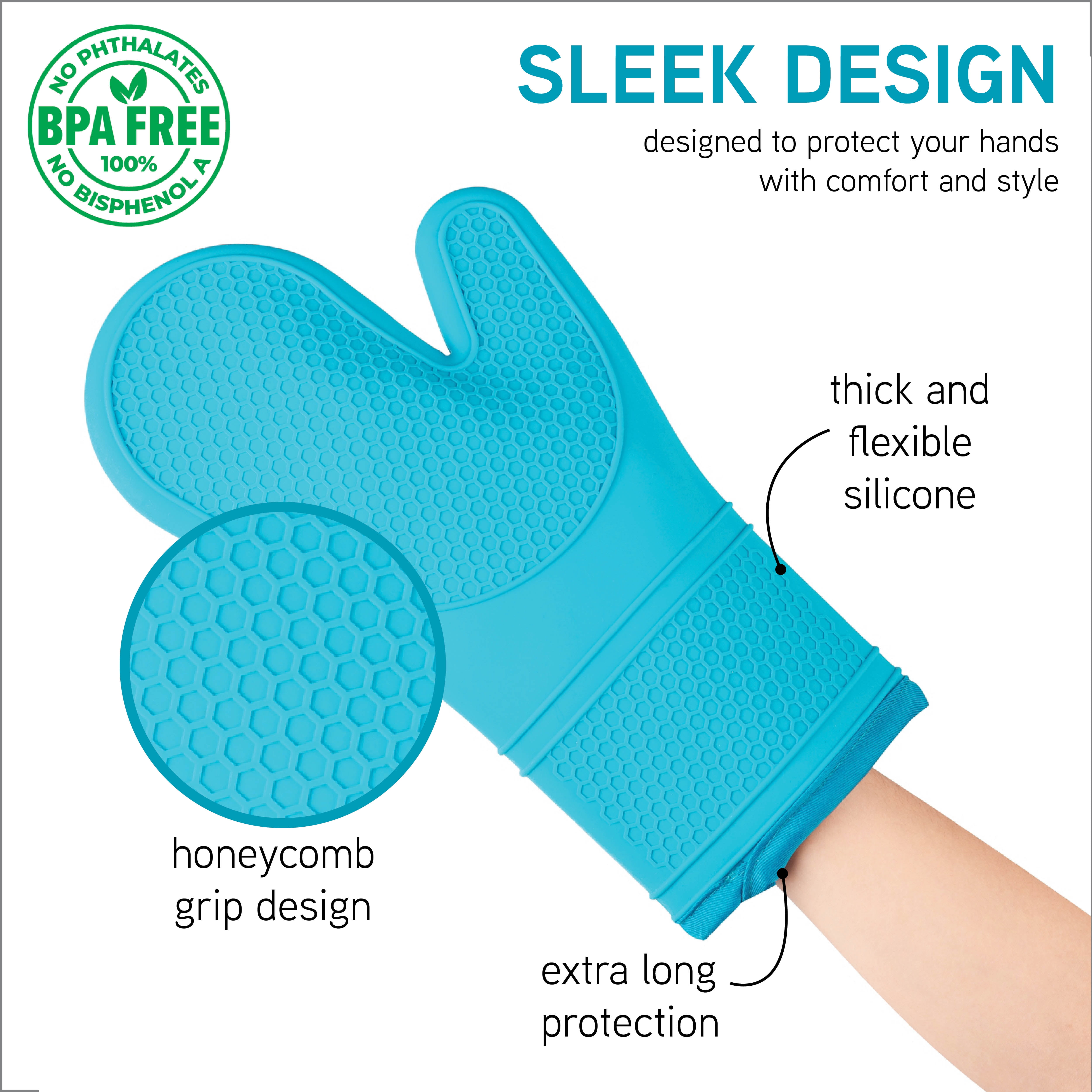 Klex 15inch Silicone Oven Mitts, Up to 932F Heat Resistance, Comfortable Fleece Quilted Cotton lining, Blue, Set of 2