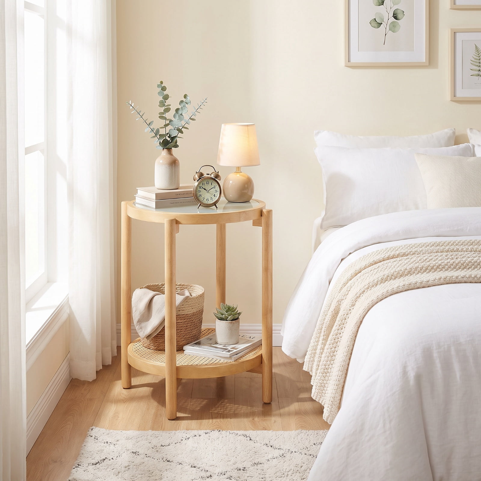 Furnibear Round Side Table 2 Tier Boho End Table with Tempered Glass Top and Woven Rattan Shelf on Acacia Wood Legs for Living Room, Natural