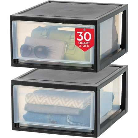 iris usa 30 qt. stackable storage drawer  2 pack  plastic drawer organizer with clear doors for pantry  bedroom  closet  kitchen  under-sink  home and office de-clutter  shoes and crafts - black