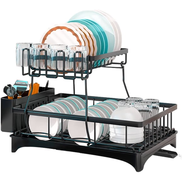 Égouttoir à Vaisselle, Égouttoir à Vaisselle à 2 Niveaux pour Comptoir de Cuisine, Égouttoir à Vaisselle en Acier Inoxydable Noir avec Plateau d'Égouttage, Grand Égouttoir à Vaisselle avec Porte-Gobelet Détachable et Porte-Ustensiles...