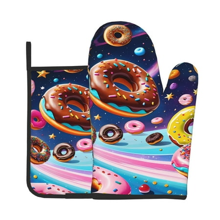 

Zeuib Space Colorful Donut Print Oven Mitt & Pot Holder Set 2-Pack Kitchen Gloves and Hot Pads for Cooking BBQ Grilling Baking