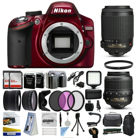 Nikon D3200 Red DSLR Digital Camera with 18-55mm VR + 55-200mm VR Lens + 128GB Memory + 2 Batteries + Charger + LED Video Light + Backpack + Case + Filters + Auxiliary Lenses + More!