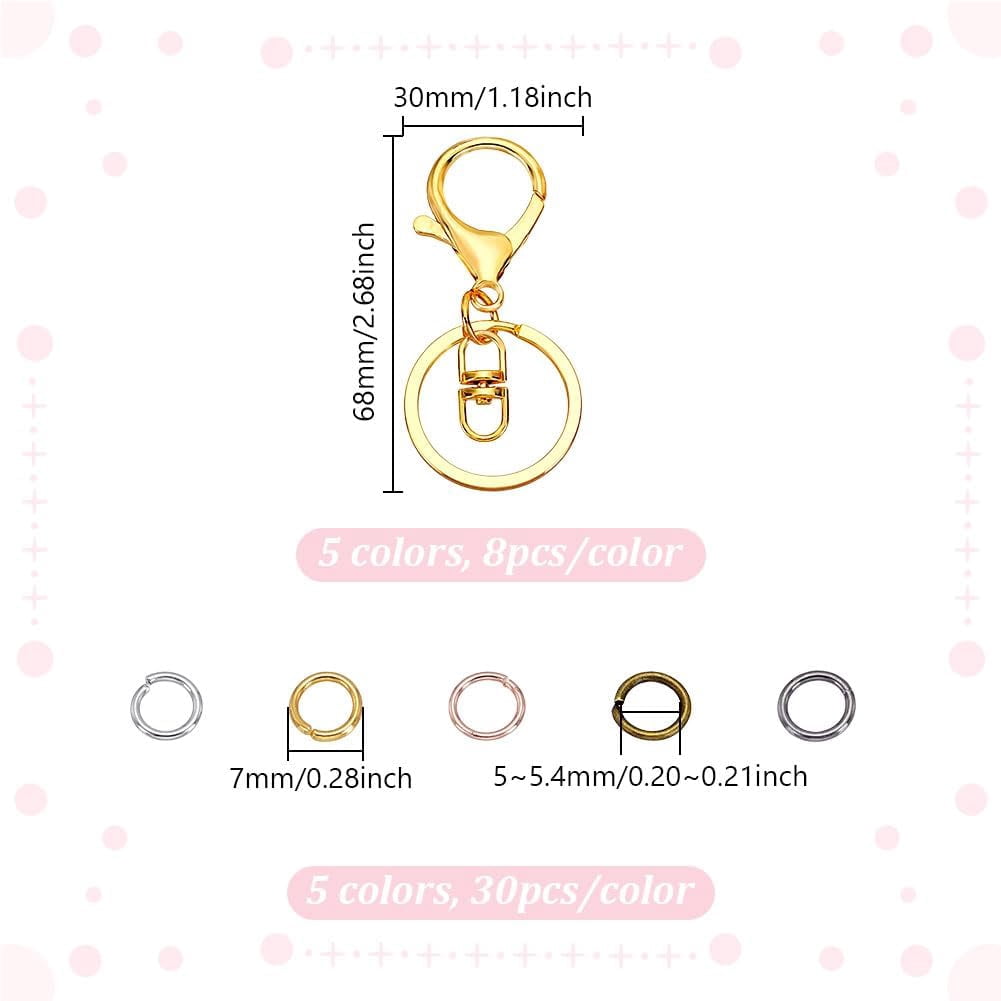 5 Color 40pcs Iron Lobster Claw Clasp Keychain with 150pcs Brass Jump Rings Swivel Clasps Hook Connector Accessories Key Ring Loop Key