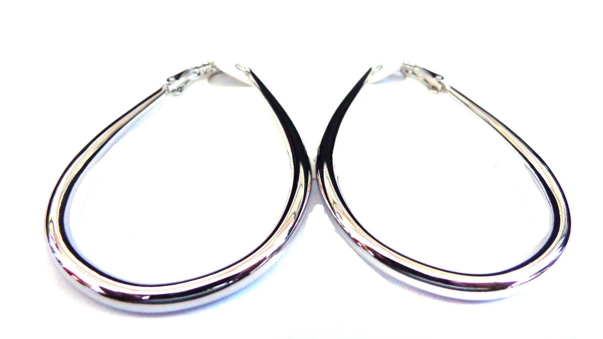 Large Teardrop Hoop Earrings Rhodium Plated Silver Hoops