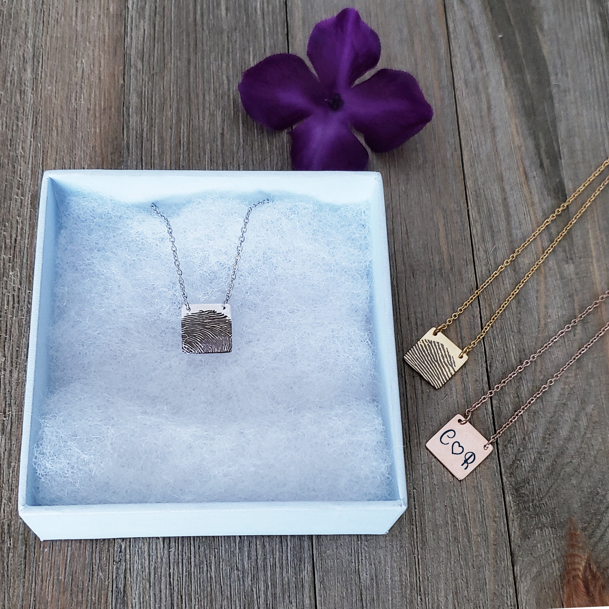 Personalized Custom Fingerprint Square Keepsake Necklace Stainless Steel Engraved Actual Fingerprint Thumb Print Pendant Jewelry with Gift Box [Rose Gold]