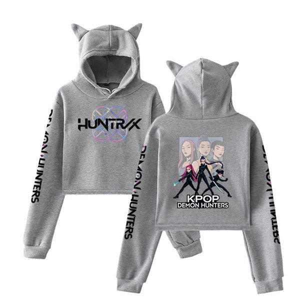 Pop cazadora para niña Demo-n Hunters Women's Fashion Hooded Sweatshirt Cat Ear Pullover Casual Streetwear Soft Comfortable Long Sleeve Tops for Daily Wear Spring Fall Winter (Gray)