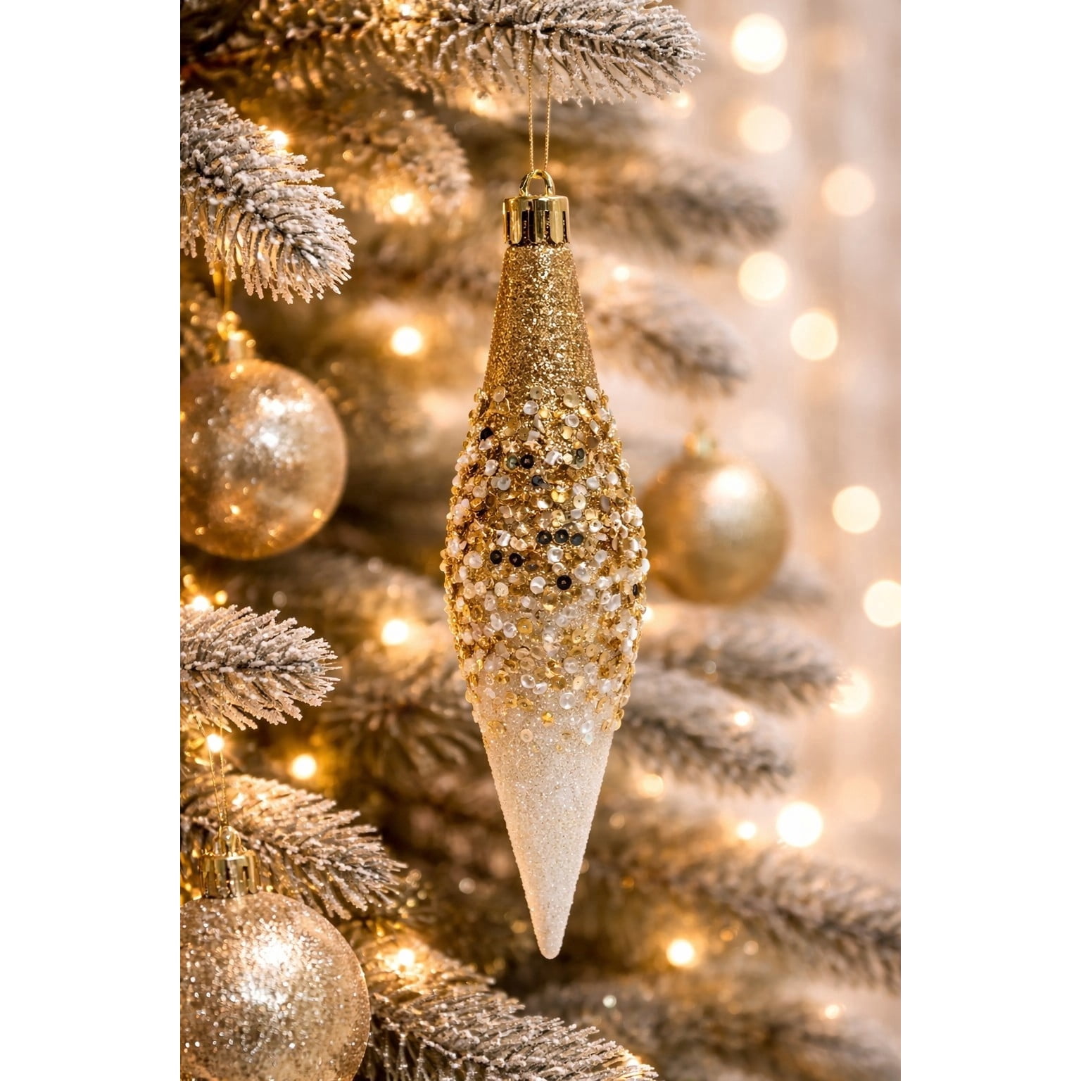 6-Count White and Gold Glitter Ombre Finial Shatterproof Christmas Ornaments, 6.1", by Holiday Time
