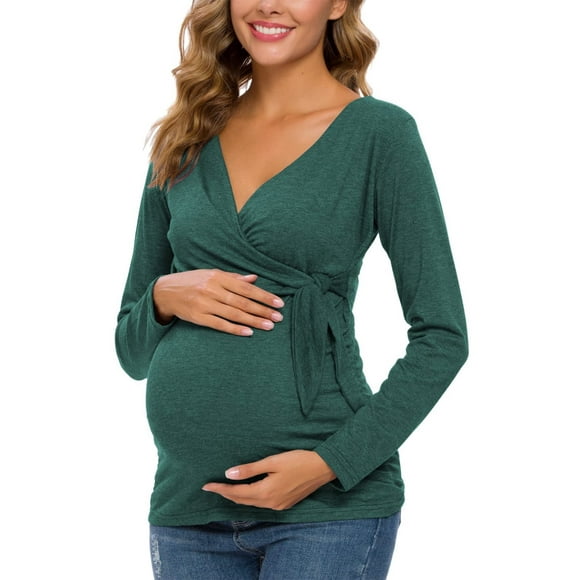 Glampunch Women's Maternity Shirts Short & Long Sleeve Tie Front Wrap Maternity Tops