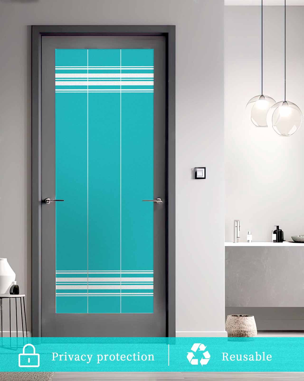 Window Privacy Film, Bluish Green Stripes UV Sun Blocking Window Tint Film Heat Control One Way Blackout Window Film, Farmhouse Modern Vertical Lines Non Adhesive Static Cling Sticker 35.4x78.7 In
