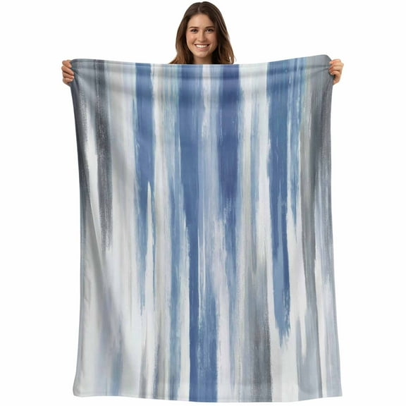 Flannel Fleece Throw Blanket Blue Gradient Gray Stripe Lightweight Soft Plush Blankets,Watercolor Oil Painting Style Cozy Warm Throw Blanket for Couch Sofa Bed Car Office All Season Use 40x50in