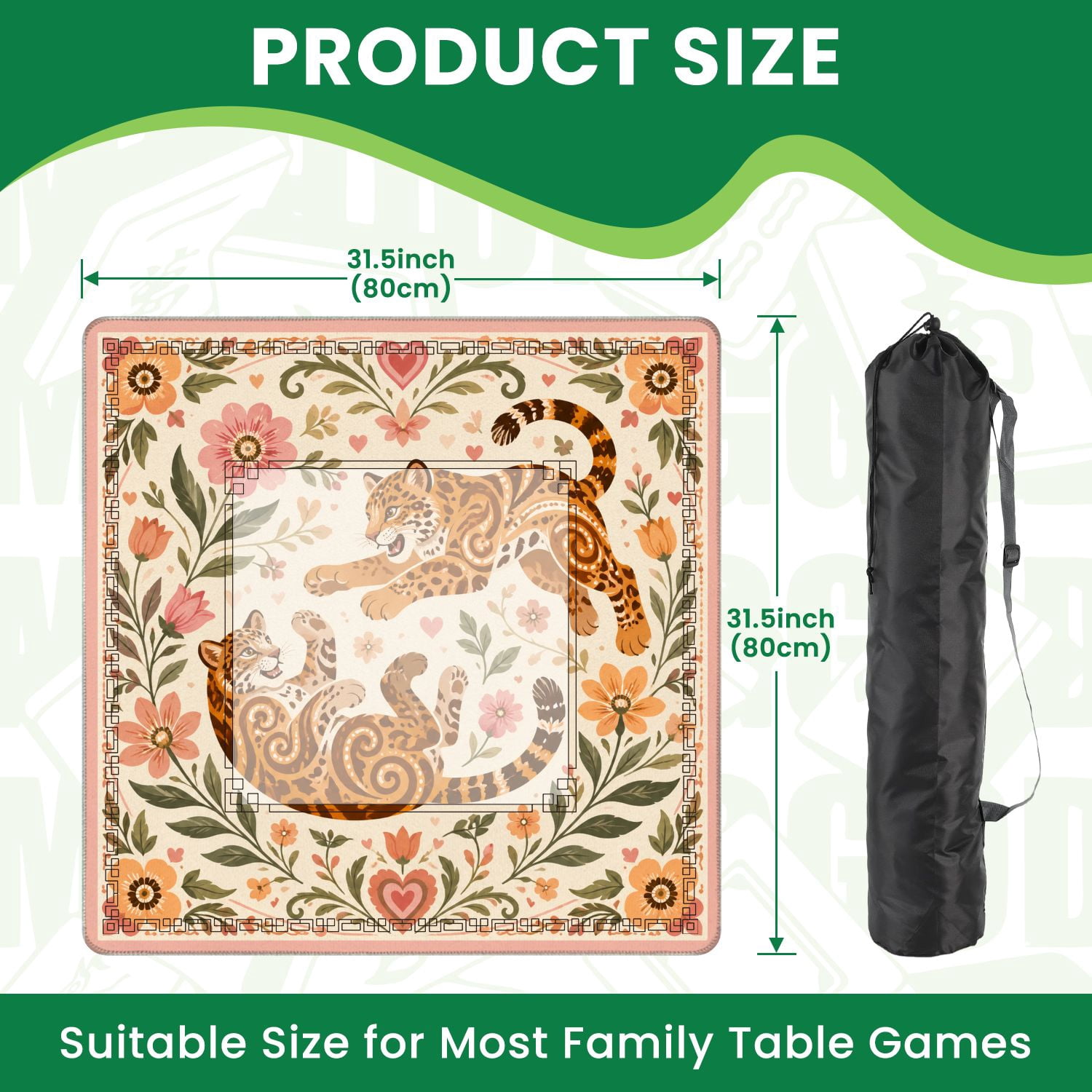 Mahjong Mat 31.5" x 31.5" Playful Jaguars Floral Swirls Heart Details Soft Pastel Colors Non-Slip Noise Reduction American Mahjong Tiles Table Cover for Dominoes Poker Card Board Games Gift