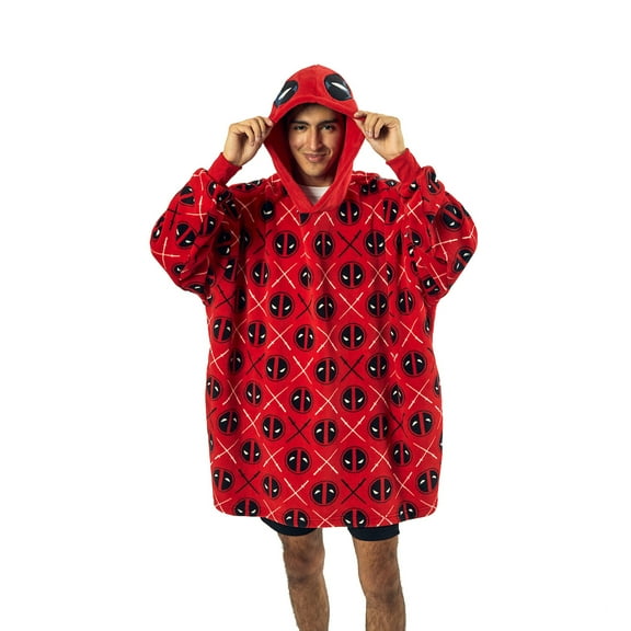 Deadpool Logo Diamond Pattern Red Hooded Wearable Oversize Blanket-OSFA