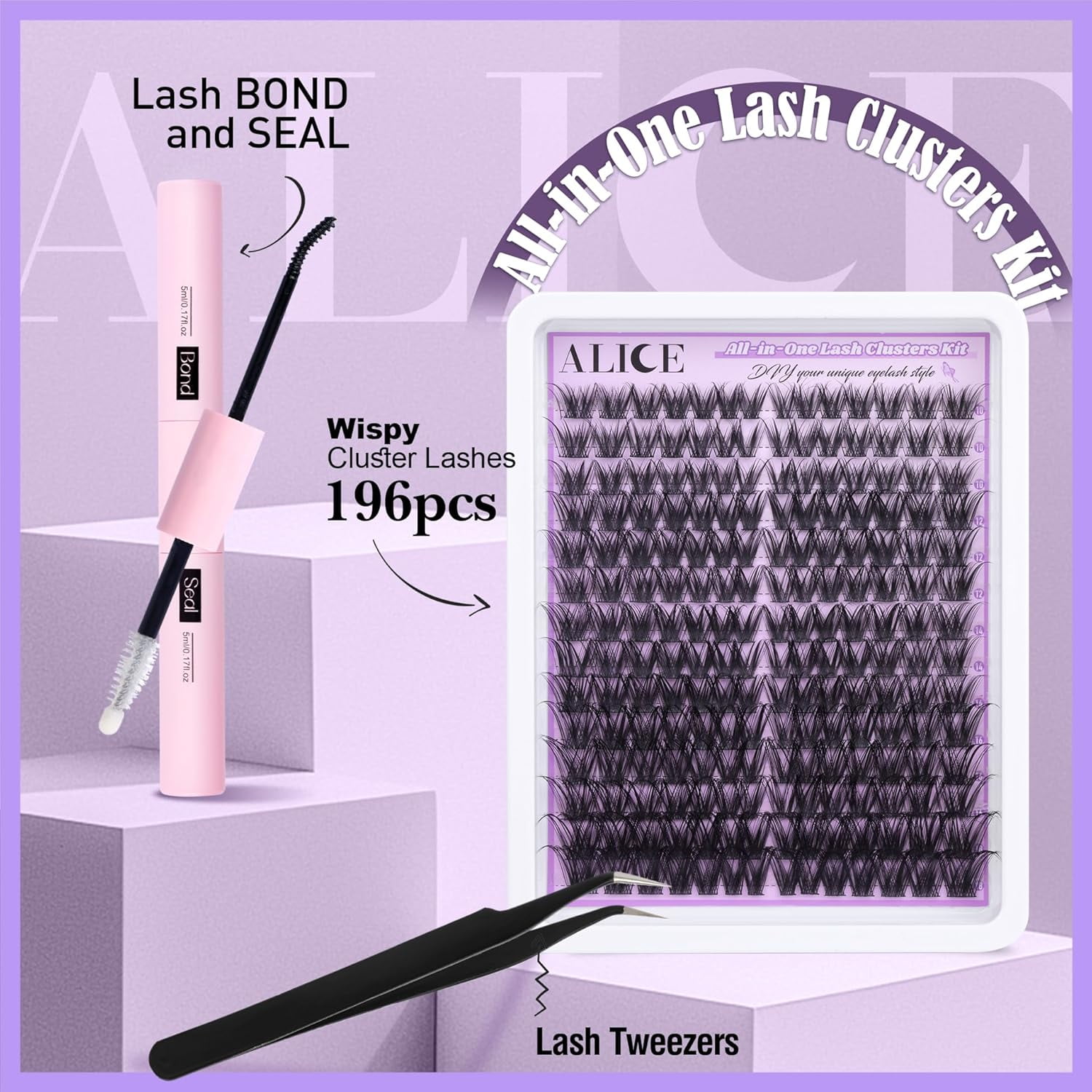 Cluster Eyelash Extension Kit Natural Wispy Lash Clusters Kit DIY Lash Extension Kit 196pcs 10-18mm Individual Lashes with Mix 4-7mm of Lash Band Lash Glue Lash Twezeers