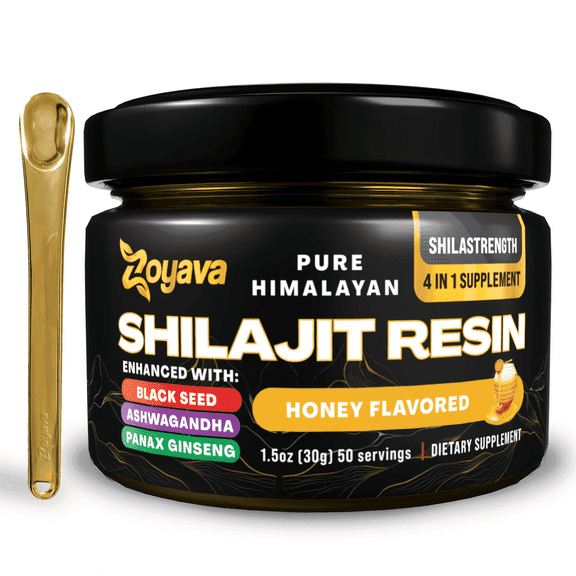 Zoyava Shilajit Resin, New & Improved Pure Himalayan Organic Resin with Black Seed Powder Ashwagandha Panax Ginseng High Potency Herbal Blend for Enhanced Energy Made for Men & Women Honey Flavor 50