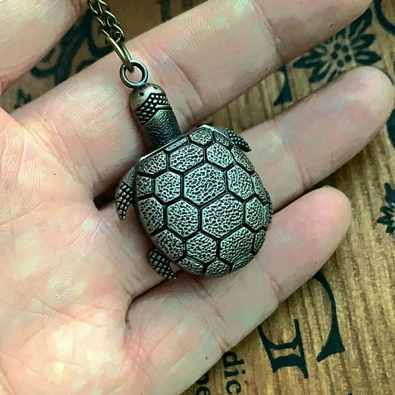 Turtle Shaped Pocket Watch Bronze Engraved Shell Design with Thin Chain Retro Animal Style Quartz Watch