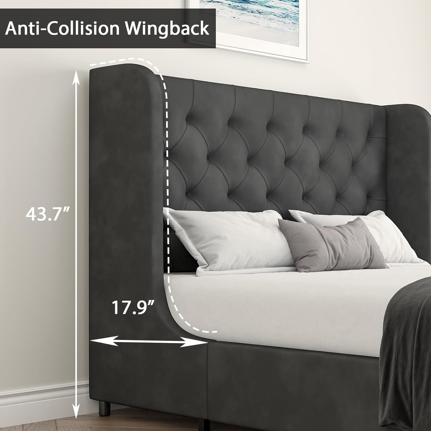 4 EVER WINNER King Size Bed Frame, Modern Upholstered Platform Bed Frame with Button Wingback Headboard, White