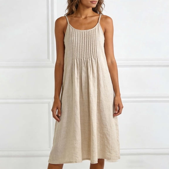 ClodeEU Women's Summer Linen Cotton Solid Color Spaghetti Strap Ruched Midi Dress,Loose Fit Casual Flowy Sundress Beige,Women's Plus L
