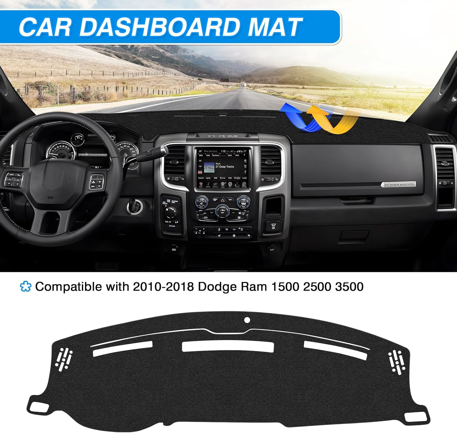 Canvcle Dash Cover Compatible with 2010-2018 Dodge Ram 1500 2500 3500 Accessories Dashboard Cover Mat Non-Slip Carpet Sunshield Glare UV Rays Protector (Without Hud)