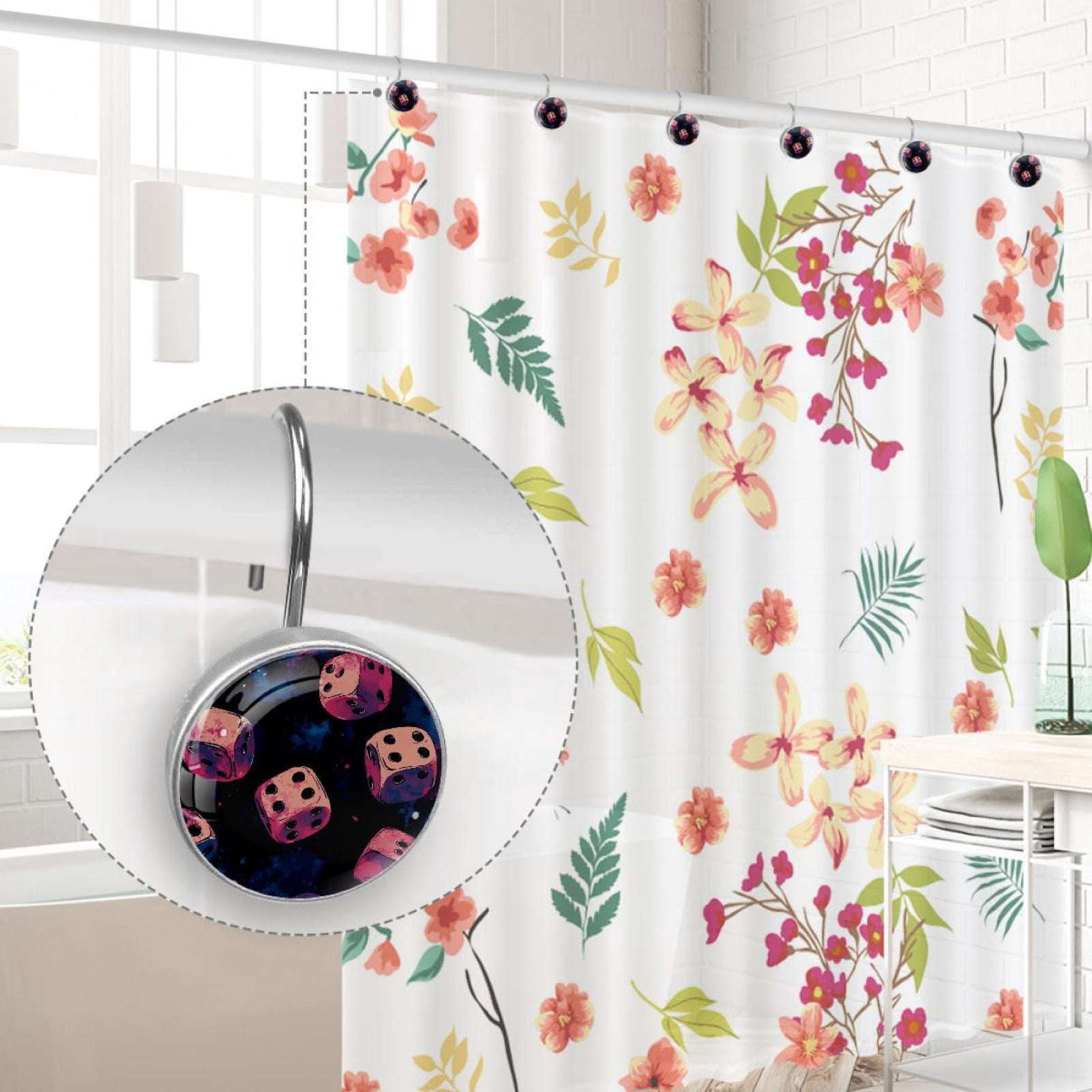 Pink Dices Shower Curtain Hooks Round Crystal Glass, Set of 12 Shower Curtain Rings - Shower Hooks for Curtain Shower Rings