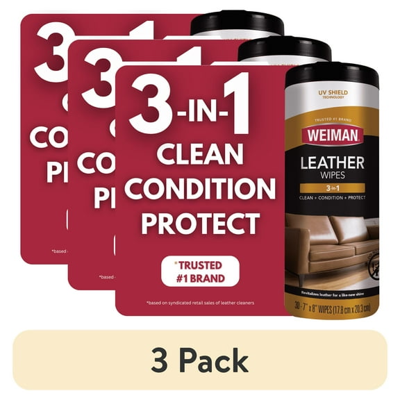 (3 pack) Weiman 3-In-1 Leather Cleaner, Conditioner & Protection Wipes, 30 Count