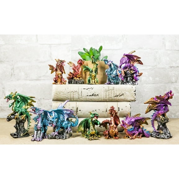 Set Of 12 Colorful Metallic Behemoth Dragons In Multiple Poses Mini Figurines