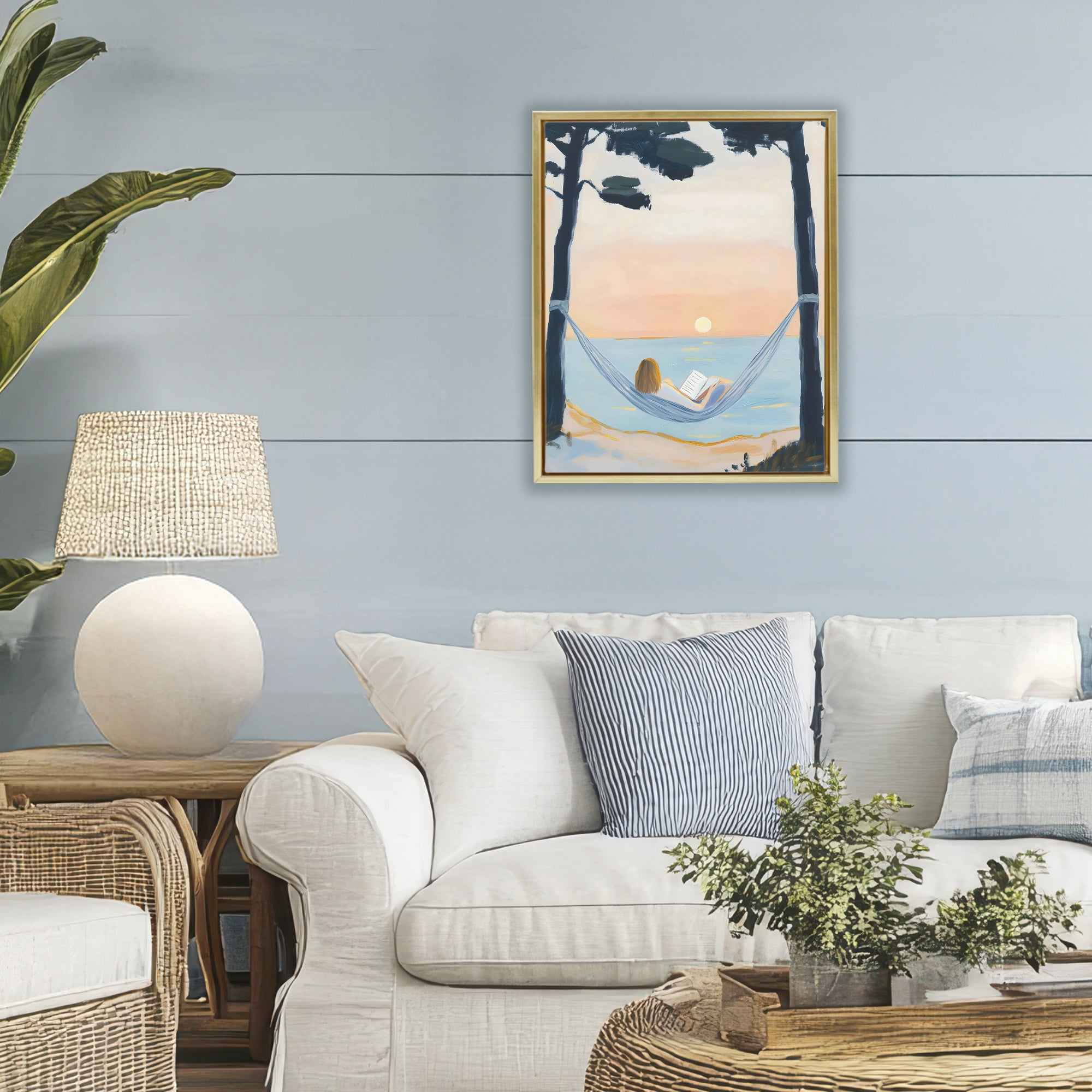 Stupell Industries Reading At Sunset in Hammock Gold Framed Floater Canvas Wall Art, design by The Prints Vibe