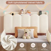 Twin Size Upholstered Bed with Storage Drawer and LED Light,Twin Bed Frame with Safety Guardrails and Chic Wavy Headboard,Velvet Princess Bed with Charging Station,Heavy Duty Metal Support,Beige