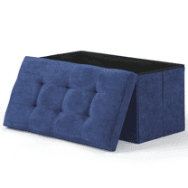 MoNiBloom 30" Folding Storage Ottoman Bench, Cotton-linen Collapsible Footrest Ottoman with Storage, for Living Room Bedroom Entryway, Navy Blue