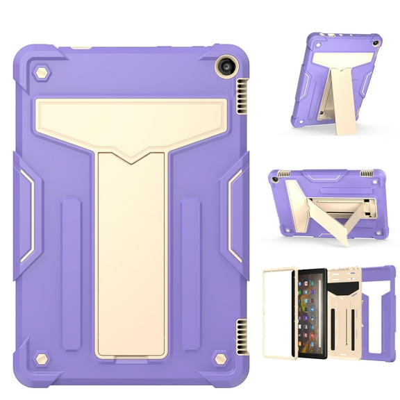 Kidsproof Case for Kindle Fire HD 10.1" 11th Gen 2021, Fire HD 10 Plus 2021 Cover for Children, Allytech Dual Layer Hybrid Protective Defender Heavy Duty Rugged 2-Angle Kickstand Case,Purple Beige
